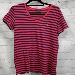 RALPH LAUREN T Shirt V Neck Horizontal Striped Size Medium